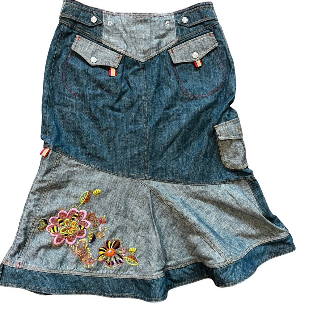 Oilily Y2K Denim Cargo Patchwork Button Down Artsy Fairy Skirt Floral Whimsy 6 - Picture 2 of 11